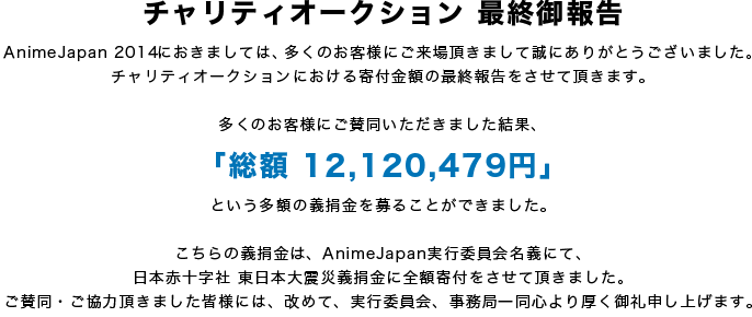 「チャリティオークション 最終御報告」AnimeJapan 2014におきましては、多くのお客様にご来場頂きまして誠にありがとうございました。チャリティオークションにおける寄付金額の最終報告をさせて頂きます。多くのお客様にご賛同いただきました結果、「総額 12,120,479円」という多額の義捐金を募ることができました。こちらの義捐金は、AnimeJapan実行委員会名義にて、日本赤十字社 東日本大震災義捐金に全額寄付をさせて頂きました。ご賛同・ご協力頂きました皆様には、改めて、実行委員会、事務局一同心より厚く御礼申し上げます。AnimeJapan実行委員会